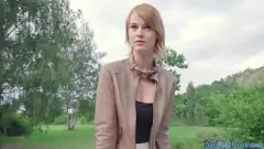 play Gorgeous European redhead babe gives an intense blowjob outdoors before passionate cowgirl sex in public